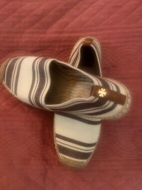 Tory Burch cream and brown Striped Canvas Espadrilles